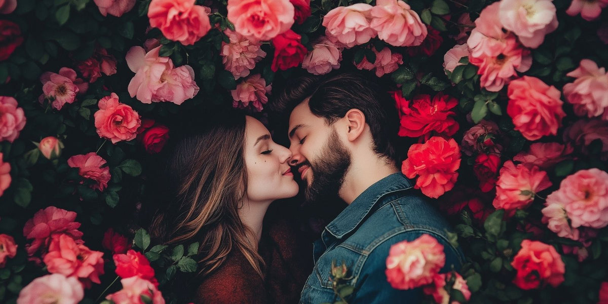 A romantic couple surrounded by vibrant pink and red roses, embracing with serene expressions, symbolizing relaxation and connection, perfect for promoting couples spa experiences at Lluvia Massage.